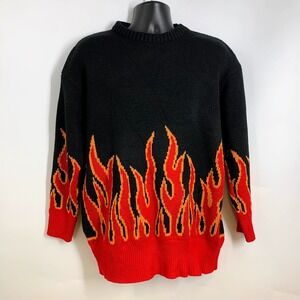 FANJIUNIU Black‎ Flame Knit Sweater Unisex Crew Neck Long Sleeve Fire Print OS